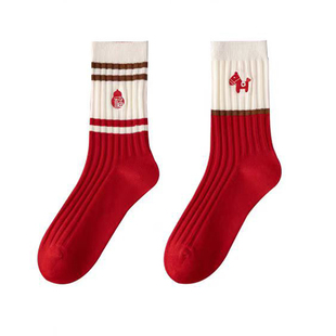 2026马年本命年红色袜子女中筒 可爱红袜子新年礼物礼盒纯棉女款
