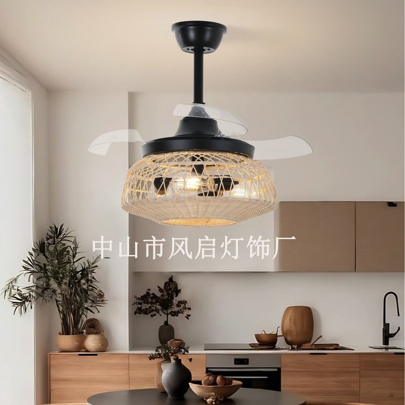美式复古吊扇灯藤条编织亚马逊农舍灯供货吊扇餐厅藤编乡村灯卧室