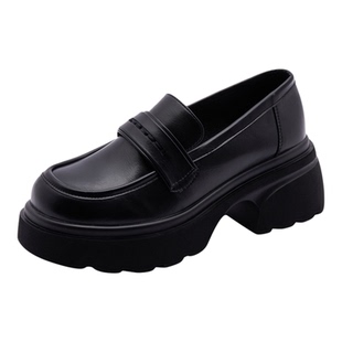 厚底粗跟乐福鞋女一脚蹬真皮小皮鞋舒适黑色工作单鞋高跟通勤女鞋