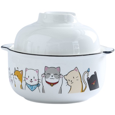 日式陶瓷学生泡面碗带盖子送筷勺