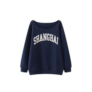 BrandyGirl新款斜字肩露肩SHANGHAI字母贴布套头长袖上衣bm卫衣女