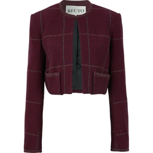 【折扣】RECTO 女安可拉红格纹绵羊毛混纺气质修身夹克外套
