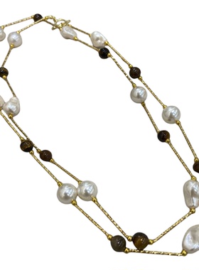 法式复古虎眼石竹节吊坠巴洛克珍珠项链复古美拉德百搭长款毛衣链