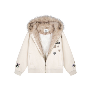 文文不乖原创冰晶雪花字母刺绣毛领连帽棉服男女冬季麂皮加绒加厚