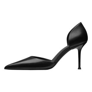 烫社交女鞋黑色牛皮尖头浅口中空细高跟单鞋欧美时尚通勤高级女鞋