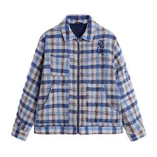 Desigual【明星同款】蓝棕色格纹长袖男式拉链夹克外套棉服