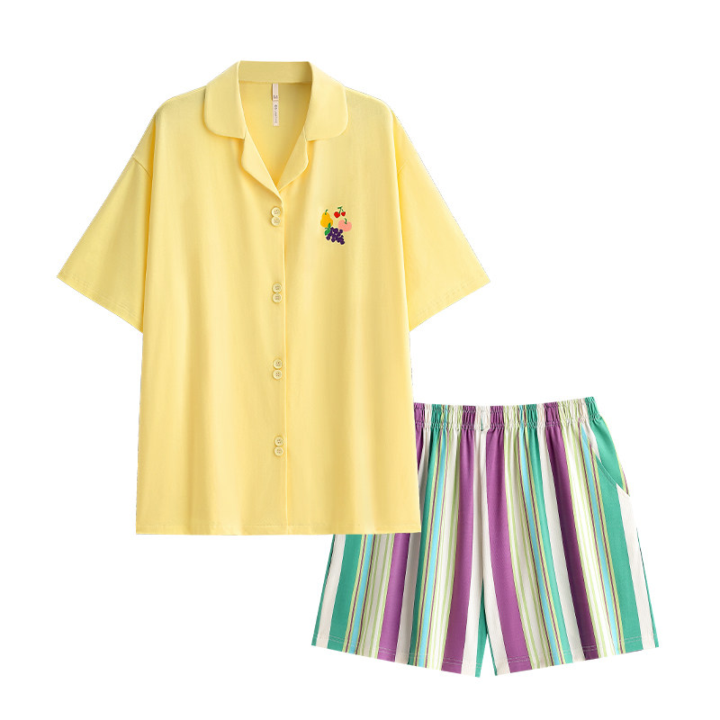 悦内带胸垫睡衣女款夏季夏天莫代尔短袖短裤家居服大码开衫可外穿