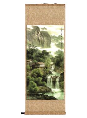 山水四季春常在富水长流客厅三联画酒店名家字画丝绸礼品仿古卷轴