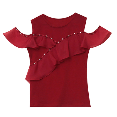 时尚条纹露肩网纱拼接钉珠T恤