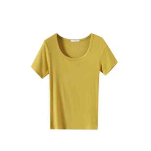 复古ins梅子粉姜黄色西瓜红U领薄款T恤女螺纹弹力打底衫显瘦上衣