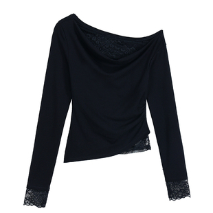 NEVA HU 心动陷阱 荡领拼接蕾丝长袖t恤女斜肩气质修身内搭上衣