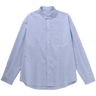 MANNSTU 日系复古休闲条纹长袖衬衫男情侣宽松工装衬衣外套