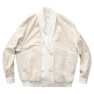 310MOOD青果领拼接泰迪外套2025冬季新款休闲时尚宽松毛绒上衣女