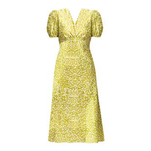 法式茶歇碎花桔梗黄色赫本风碎花连衣裙收腰V领棉2025新款长裙女