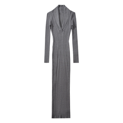 翻领修身弹力针织包臀连衣裙长裙