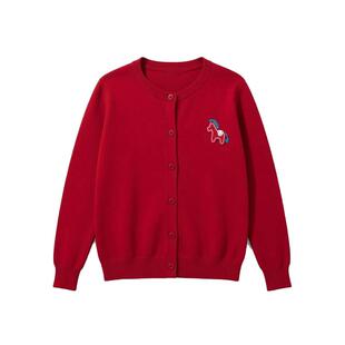 Basic House/百家好红色小马刺绣针织开衫女春季新年战袍毛衣外套