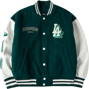 MLB官方 情侣棒球服男装女装冬季新款学院风外套深绿色运动服夹克