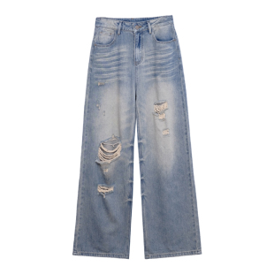 荒荒家口袋刺绣破洞牛仔裤2025夏季新款薄款韩版设计直筒休闲裤女