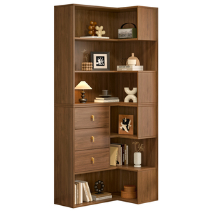 中古风实木角柜墙角置物柜沙发转角落地书柜书架一体靠墙柜9F115