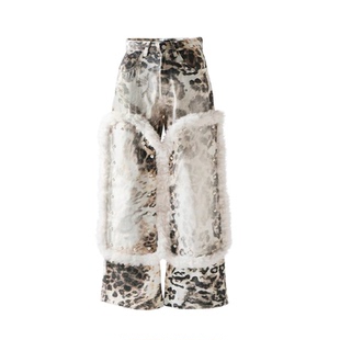 美式vibe水洗豹纹毛绒拼接牛仔裤女街头直筒宽松显瘦阔腿拖地长裤