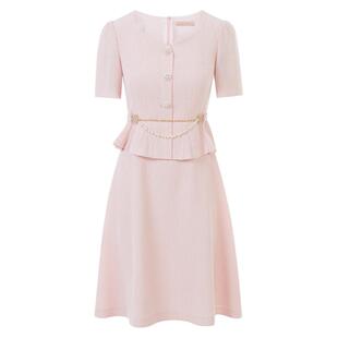 LIME莱茵年春夏新款连衣裙粉色别致弧形领口收腰褶皱设计感裙子