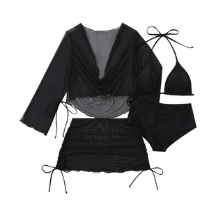 小楠微胖泳衣黑色高级性感大胸比基尼四件套度假温泉泳衣女大码