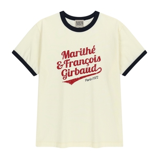 MARITHE复古LOGO滚边T恤情侣男女同款裂纹印花休闲短袖上衣2026夏