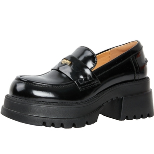 博主推荐百田森厚底乐福鞋女新款冬加绒小皮鞋英伦风黑色皮鞋