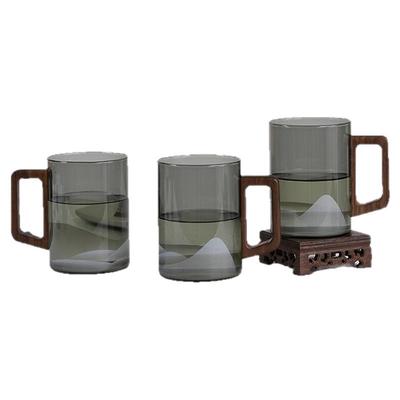 高档玻璃水杯茶杯套装胡桃木把手