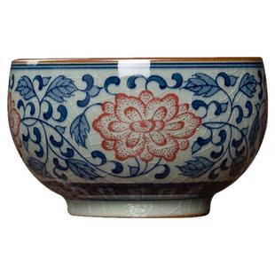 景德镇仿古陶瓷茶杯手绘釉里红缠枝莲罗汉杯青花瓷主人杯茶碗茶盏