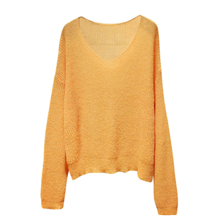 春装新款温柔风宽松V领针织衫女套头薄款慵懒仿马海毛衣罩衫上衣