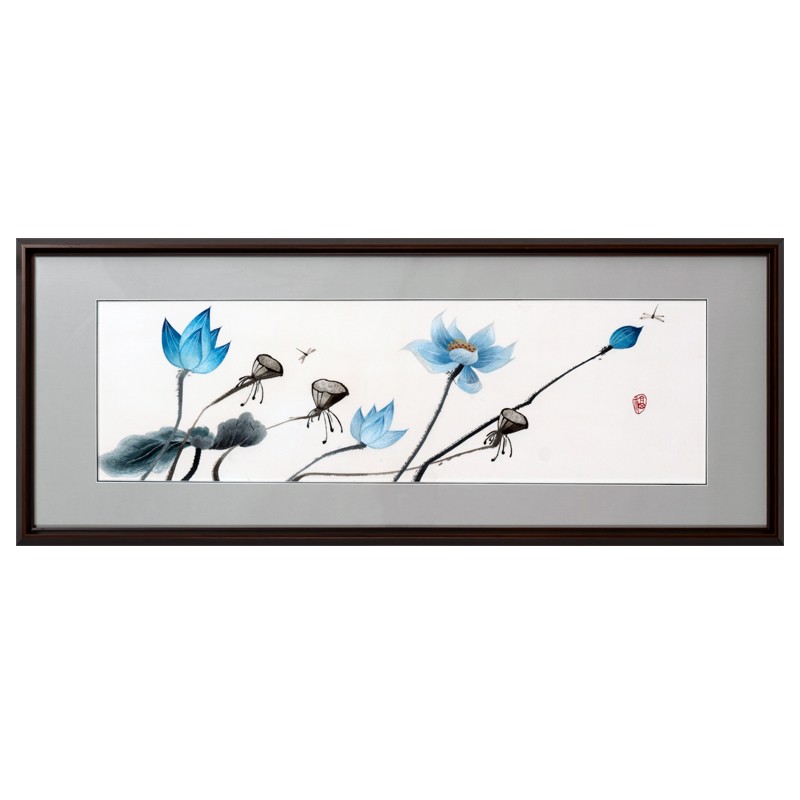 莲花蜻蜓背景墙茶室实木苏绣成品