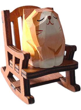 摇椅小猫木质摆件纯实木雕刻小猫小狗草莓熊解压摆件工位桌面装饰
