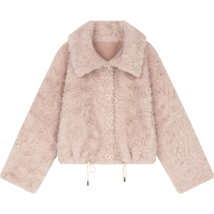 妖精的口袋粉色毛绒绒毛呢外套女2025冬季新款甜美千金感环保皮草