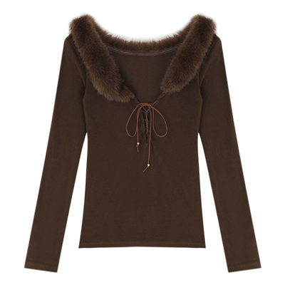 大于诗集 妲己来啦 毛毛领系带针织衫女长袖打底衫修身显瘦T恤冬