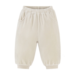 MINIKIDO女童加绒裤子2025新款冬季奶油白加厚儿童灯芯绒灯笼裤男