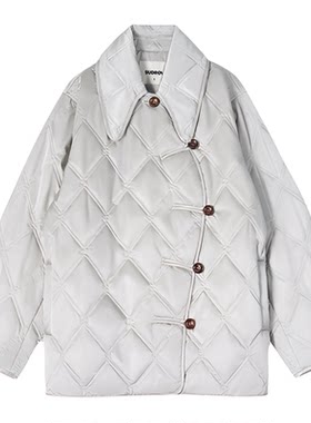林乔芝冬季新品菱形格不对称设计棉服棉衣女保暖外套
