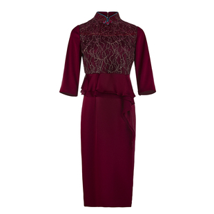 木真了修身连衣裙中长新品专柜同款假两件复古喜妈妈旗袍红色610