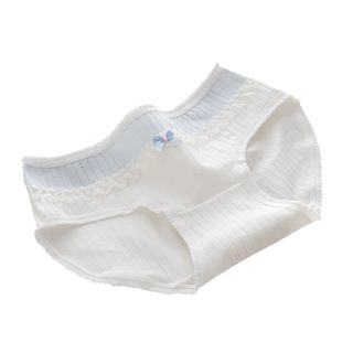 甜欲蓝纯棉中腰三角裤女士内裤全包臀亲肤透气小熊格子蝴蝶结蓝白