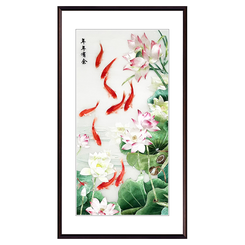 苏绣成品挂画年年有鱼客厅玄关中式现代纯手工刺绣装饰画荷花鲤鱼