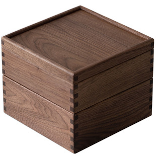 浮霞木坊黑胡桃木榫卯木盒子双层实木茶空间带盖储物盒日式收纳盒