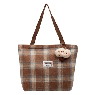 大容量复古格纹毛呢托特包包女2025新款时尚手提单肩包学生通勤包