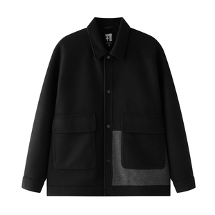 半墨大码男装短款毛呢外套男士冬季新款宽松撞色拼接胖子翻领夹克