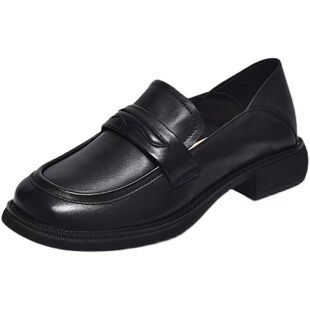 红婧蜒真皮单鞋女2026春季圆头粗跟英伦风头层牛皮豆豆鞋小皮鞋子