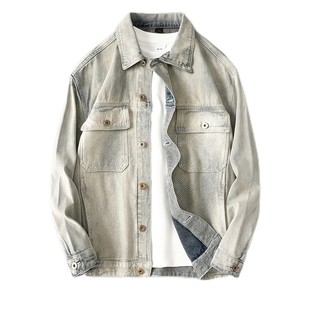 春秋季土黄色复古做旧宽松牛仔外套青年落肩街头潮流拼接夹克男