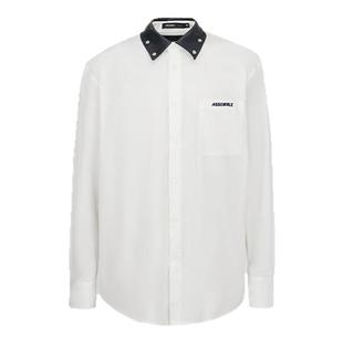 455EMBLE原创新款铆钉装饰痞帅仿皮领翻领露背潮流白衬衫男女同款