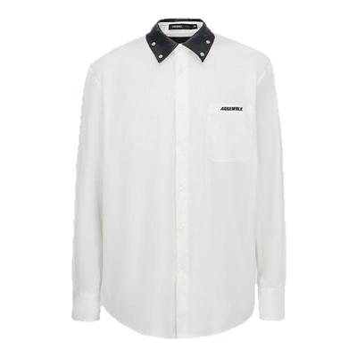 455EMBLE原创新款铆钉装饰痞帅仿皮领翻领露背潮流白衬衫男女同款