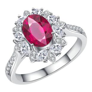 2.5克拉培育高碳钻鸽血红纯银s925戒指经典戴妃款镶嵌红宝石钻戒