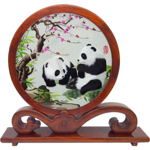 大熊猫蜀绣双面绣花梨木如意架摆件小屏风中国民俗风出国礼物包邮