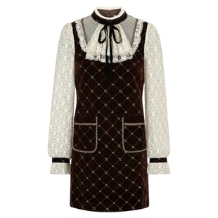 LULUALWAYS我爱露露25冬季新款复古蕾丝拼接丝绒优雅浪漫女连衣裙